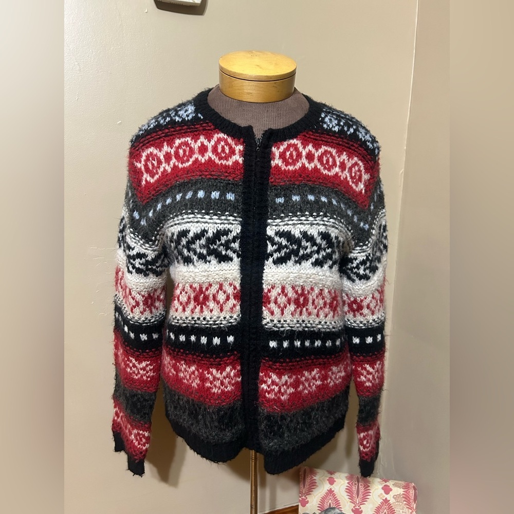 VTG 90s Langels Womens Wool Cardigan Sweater Sz L Red Gray Full Zipper Winter